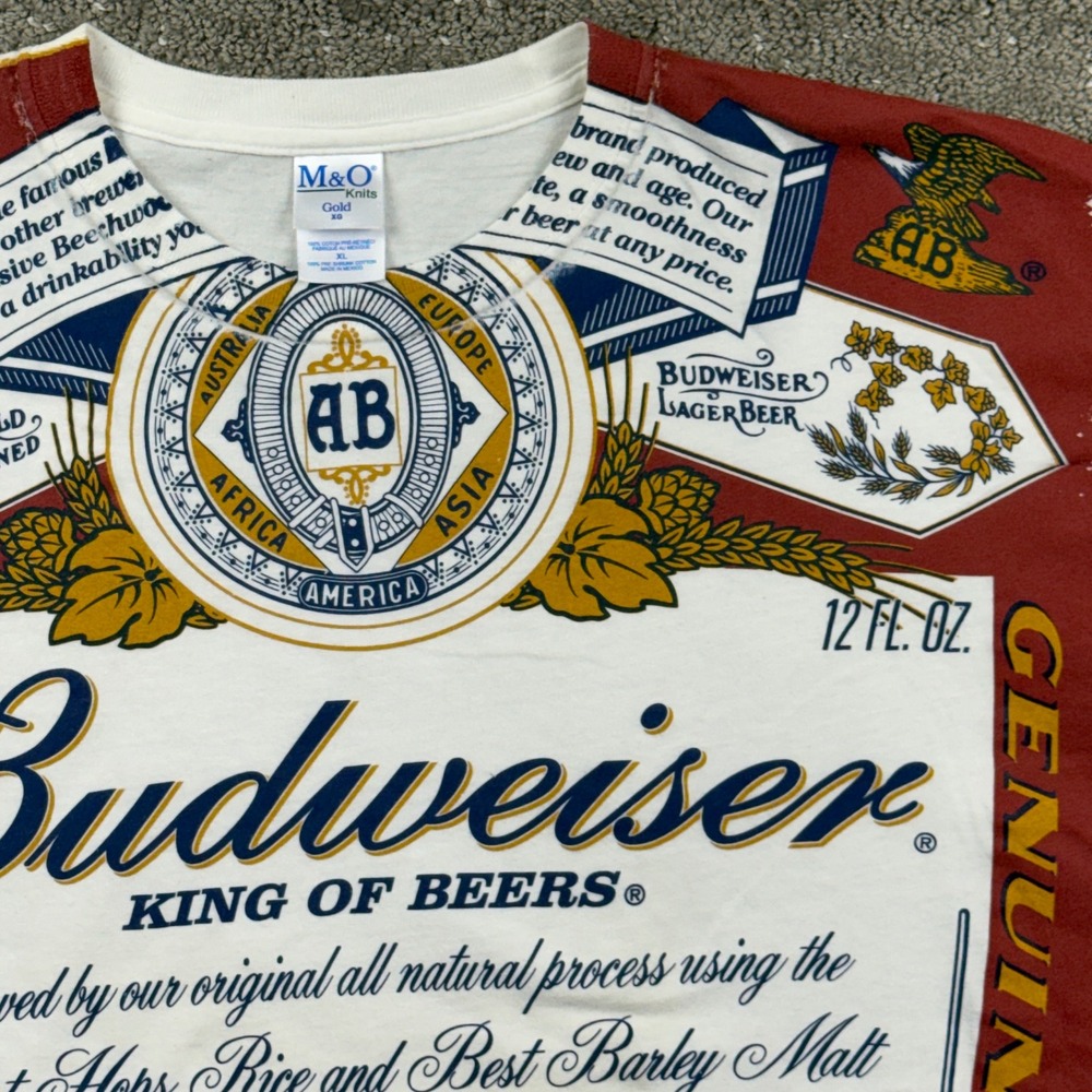 Vintage Y2K Budweiser King of Beers T Shirt Mens XL M&O Knits All Over Print